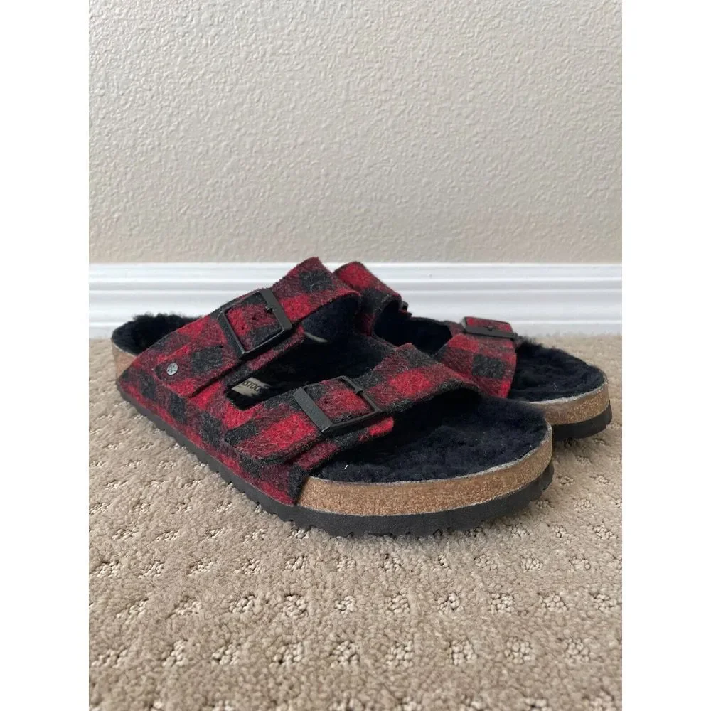 Birkenstock Arizona Shearling Sandals Men 45 US‎ 12 Red Black Wool Adjustable
